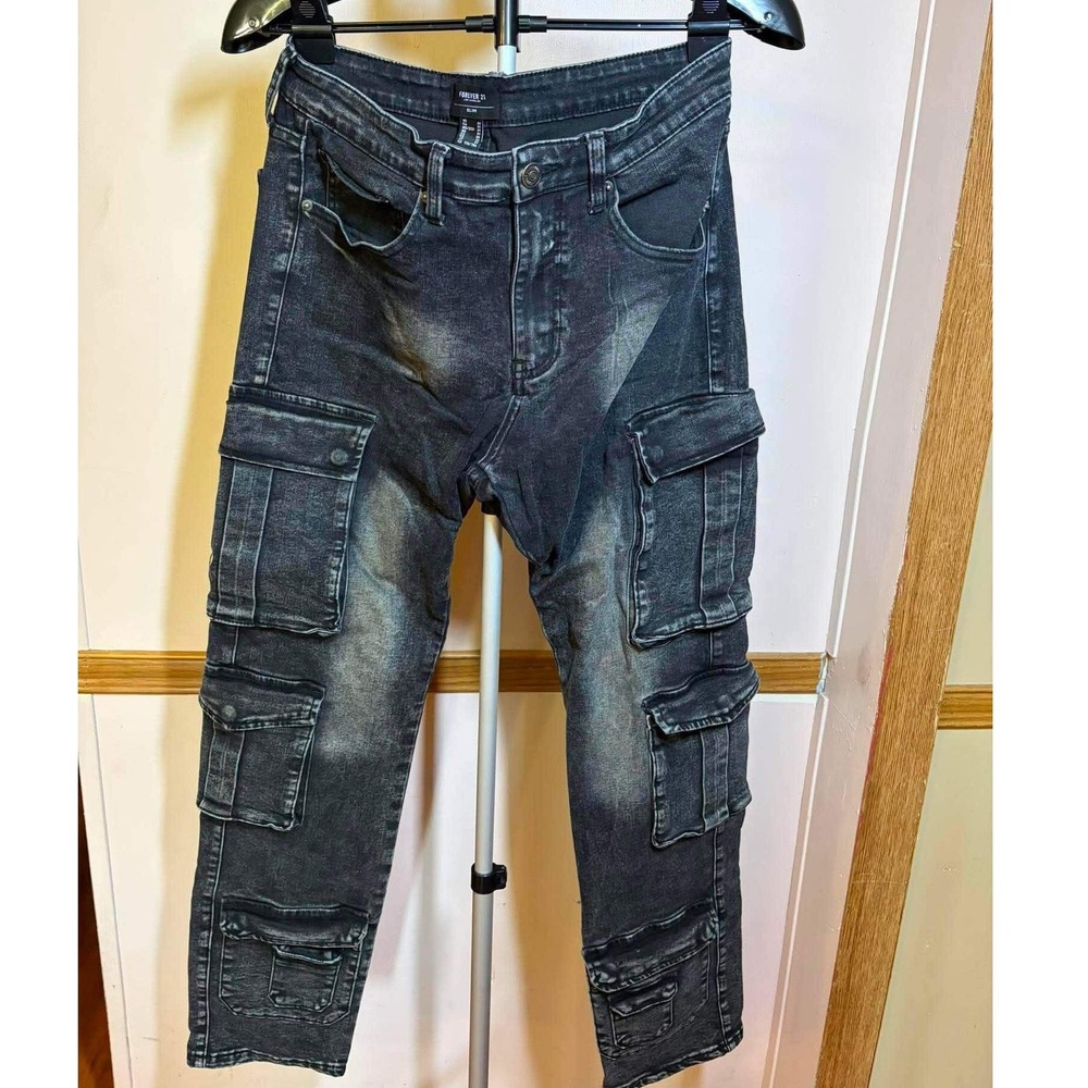 Forever 21 Slim Fit Cargo Jeans Acid Wash Black Stretch Denim Size 31